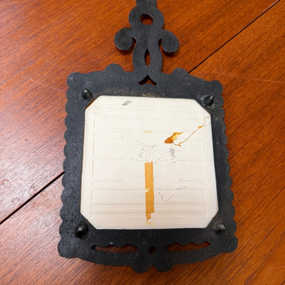Vintage Cast Iron Ceramic Tile Trivet Japan Kitchen Prayer Blessing Hot Plate - Picture 3 of 5